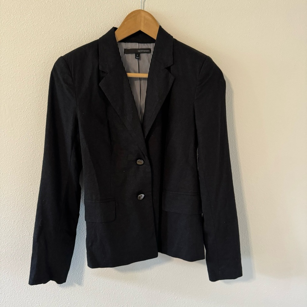 Harve Benard Linen Blend Two Button Blazer Blafk Notch Collar Contrast Lining-4